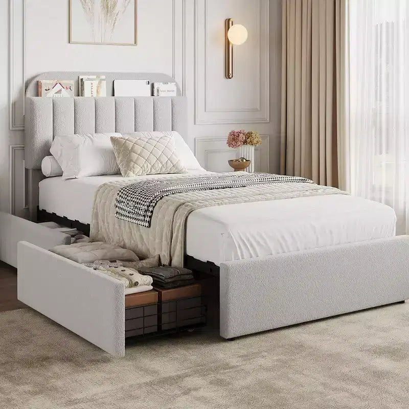 Coolmee Twin/Full/Queen Size Bed Frame with Storage Headboard, Girls Bed Frame with 2 Drawers, Boucle Upholstered Platform Bed with Bookcase