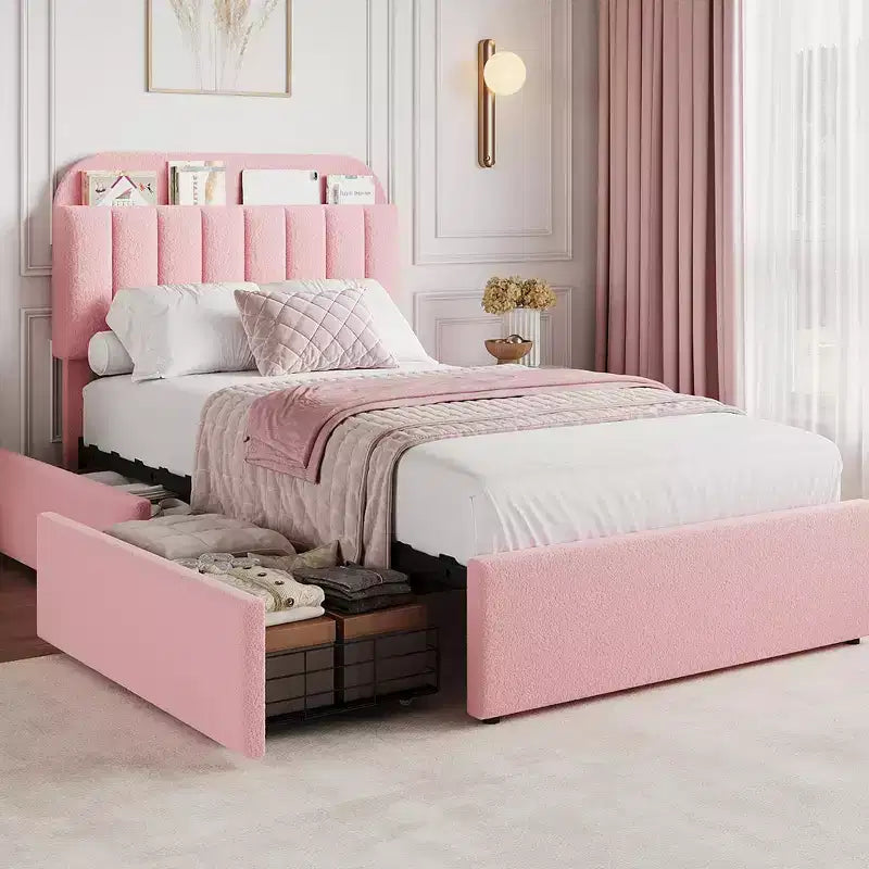 Coolmee Twin/Full/Queen Size Bed Frame with Storage Headboard, Girls Bed Frame with 2 Drawers, Boucle Upholstered Platform Bed with Bookcase