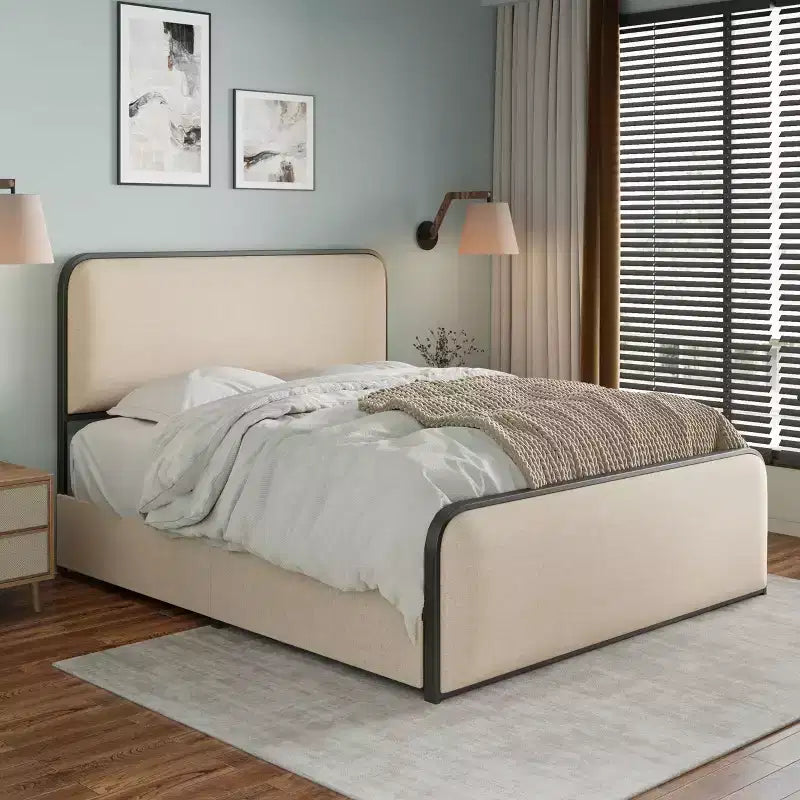 Whisen King Modern Metal Bed Frame with Upholstered Headboard and 4 Drawers - Beige