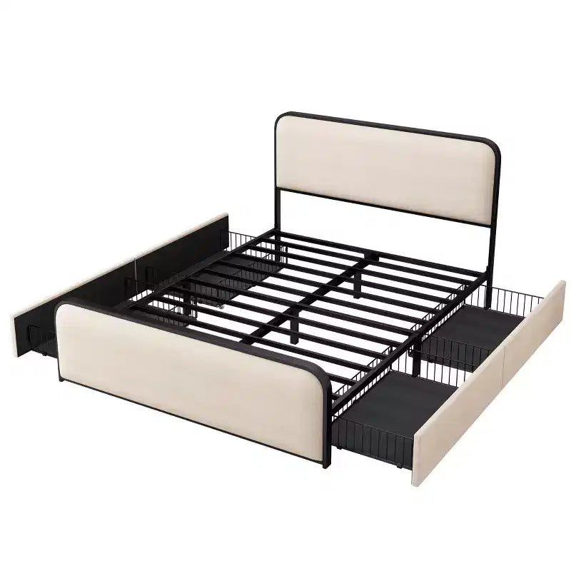 Whisen King Modern Metal Bed Frame with Upholstered Headboard and 4 Drawers - Beige