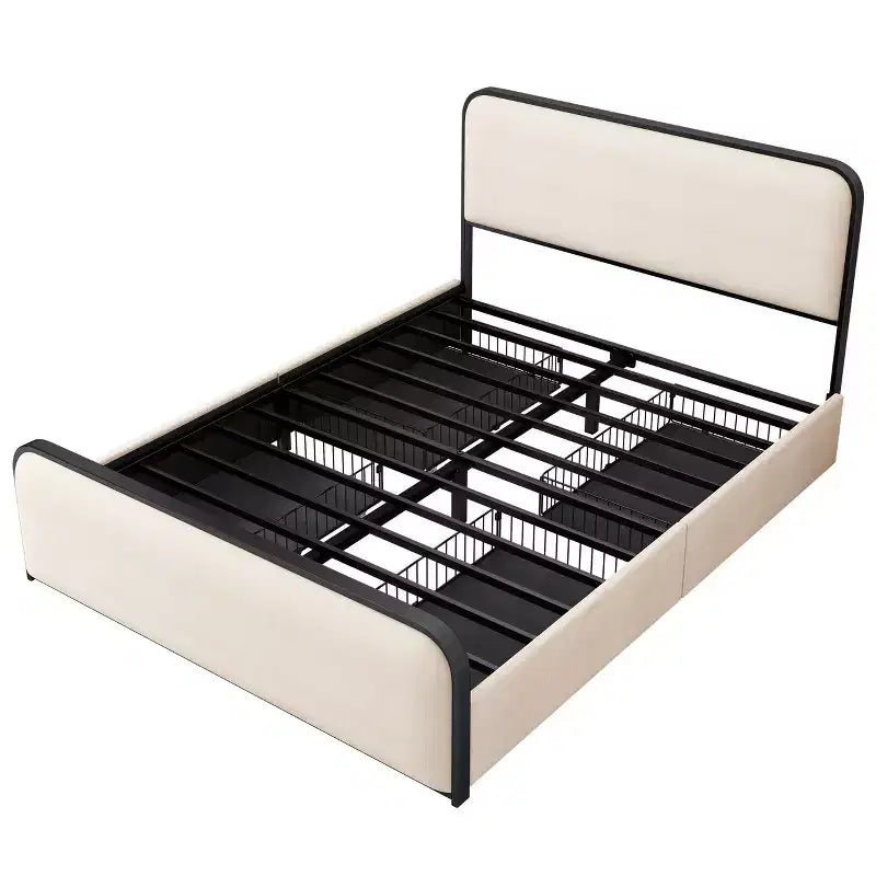Whisen King Modern Metal Bed Frame with Upholstered Headboard and 4 Drawers - Beige