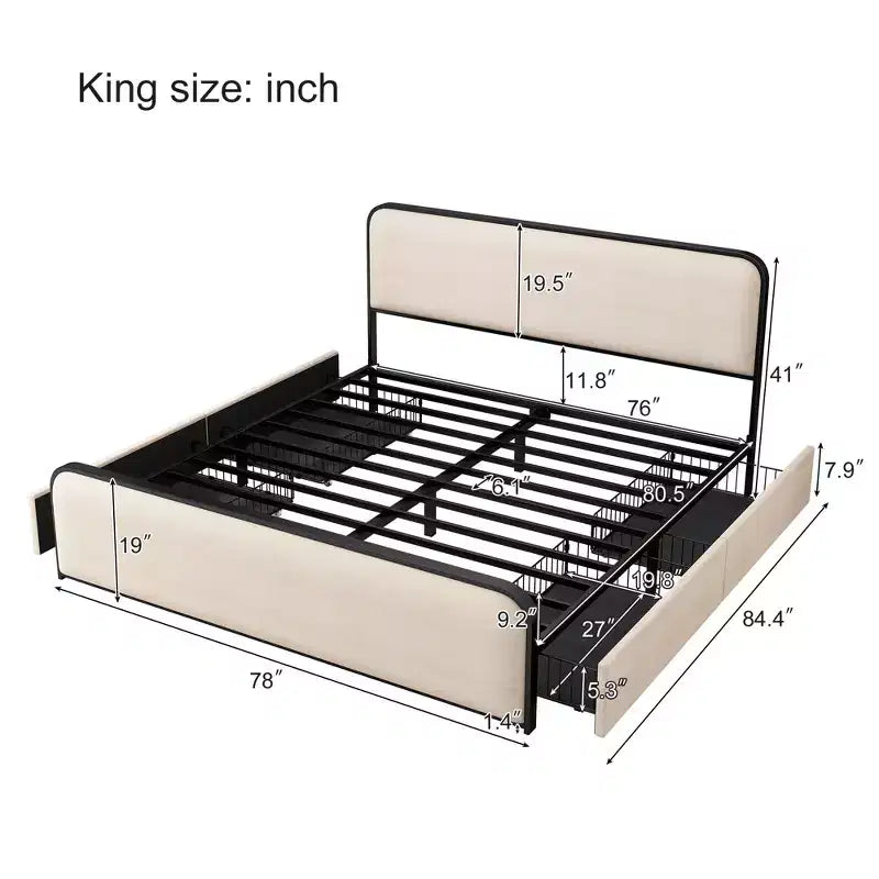 Whisen King Modern Metal Bed Frame with Upholstered Headboard and 4 Drawers - Beige