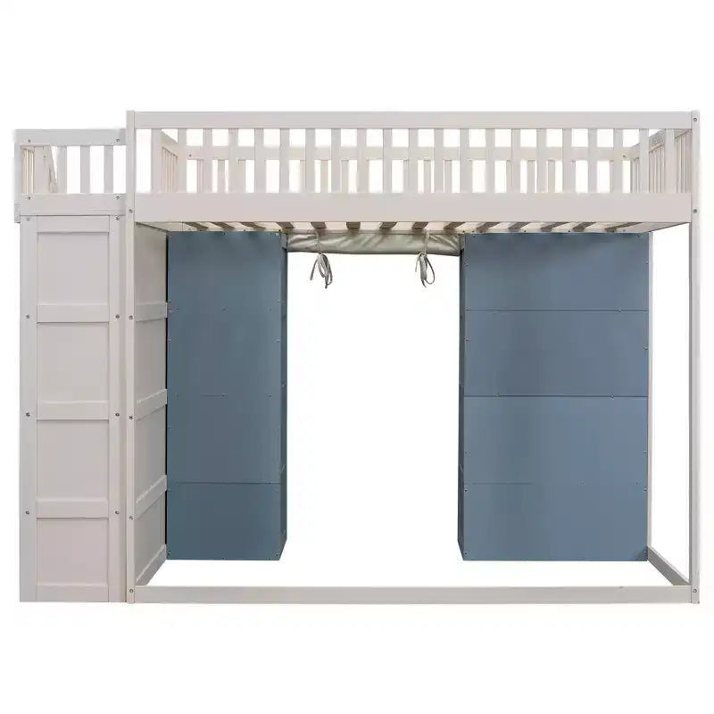 Full Size Loft Bed with 2 Four-Layer Racks and Storage Staircase, Wooden Bed Frame with Curtain and Storage Cabinets, White