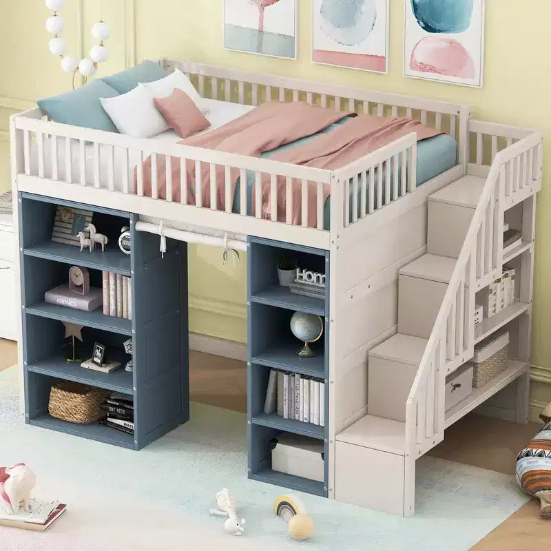 Full Size Loft Bed with 2 Four-Layer Racks and Storage Staircase, Wooden Bed Frame with Curtain and Storage Cabinets, White