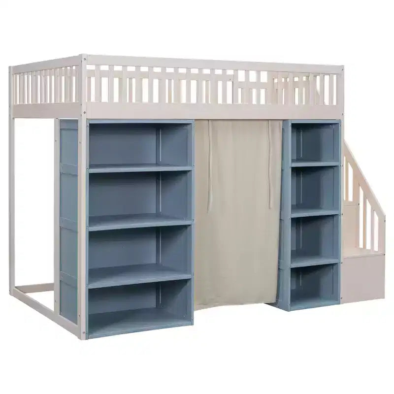 Full Size Loft Bed with 2 Four-Layer Racks and Storage Staircase, Wooden Bed Frame with Curtain and Storage Cabinets, White