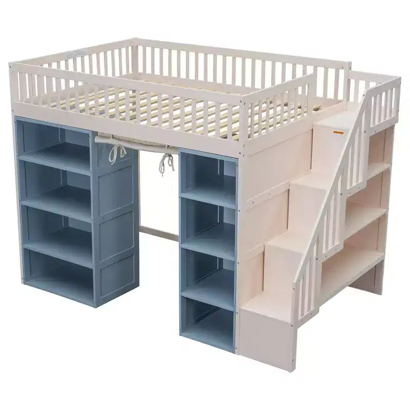 Full Size Loft Bed with 2 Four-Layer Racks and Storage Staircase, Wooden Bed Frame with Curtain and Storage Cabinets, White