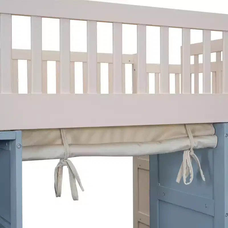 Full Size Loft Bed with 2 Four-Layer Racks and Storage Staircase, Wooden Bed Frame with Curtain and Storage Cabinets, White
