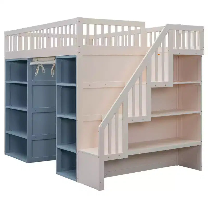Full Size Loft Bed with 2 Four-Layer Racks and Storage Staircase, Wooden Bed Frame with Curtain and Storage Cabinets, White