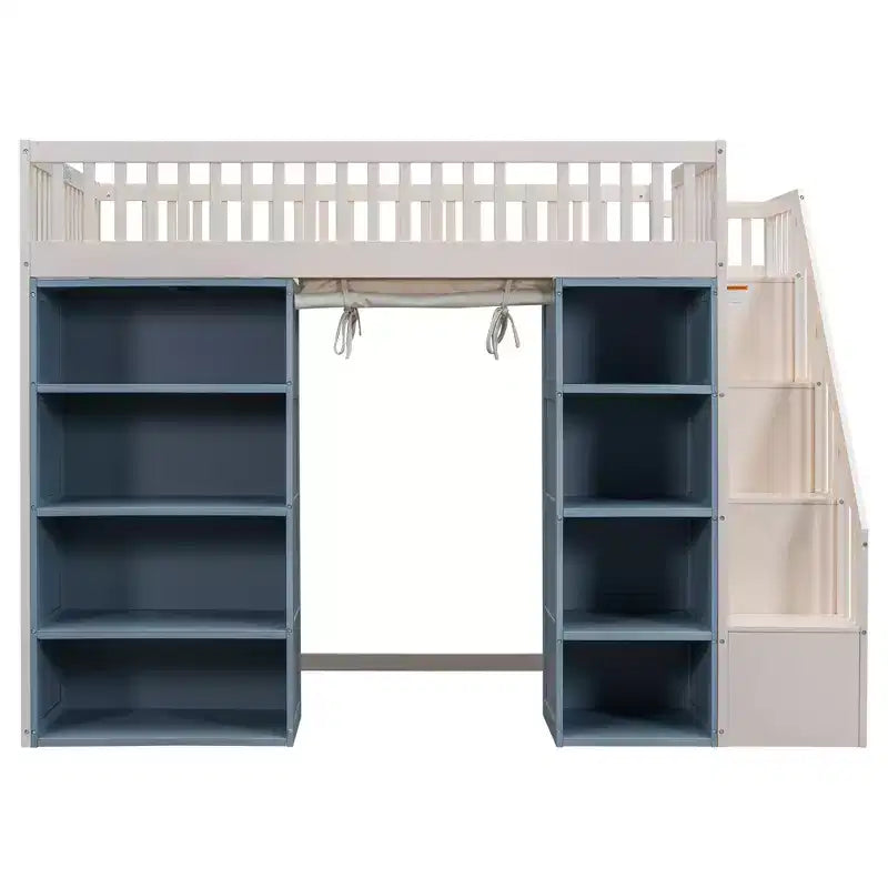 Full Size Loft Bed with 2 Four-Layer Racks and Storage Staircase, Wooden Bed Frame with Curtain and Storage Cabinets, White
