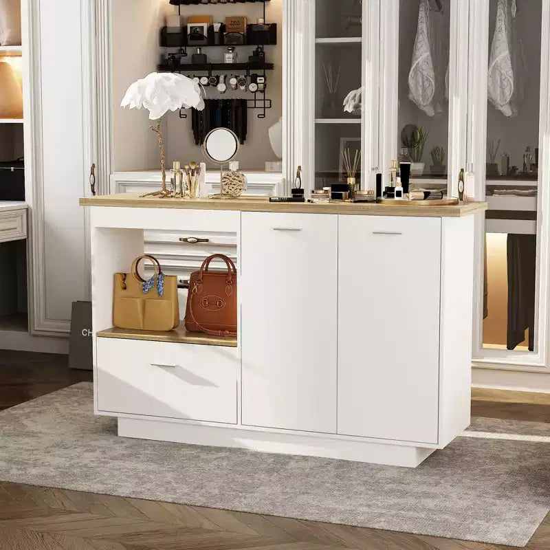 Meuble de coiffeuse moderne Famapy avec étagères réglables, Armoire à chaussures de coiffeuse avec abattant latéral pliable, Table de maquillage pour entrée et chambre à coucher