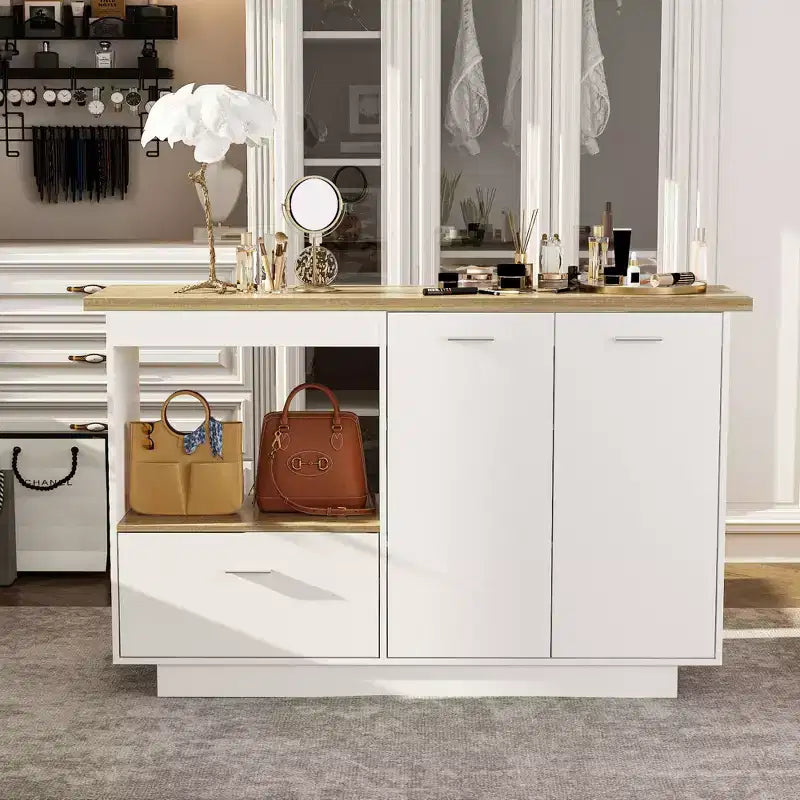 Meuble de coiffeuse moderne Famapy avec étagères réglables, Armoire à chaussures de coiffeuse avec abattant latéral pliable, Table de maquillage pour entrée et chambre à coucher