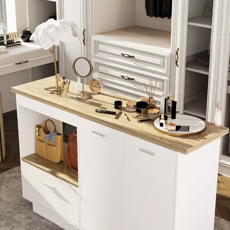 Meuble de coiffeuse moderne Famapy avec étagères réglables, Armoire à chaussures de coiffeuse avec abattant latéral pliable, Table de maquillage pour entrée et chambre à coucher