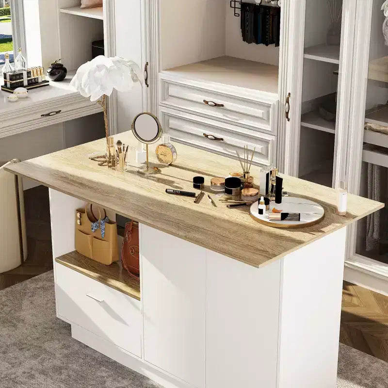Meuble de coiffeuse moderne Famapy avec étagères réglables, Armoire à chaussures de coiffeuse avec abattant latéral pliable, Table de maquillage pour entrée et chambre à coucher