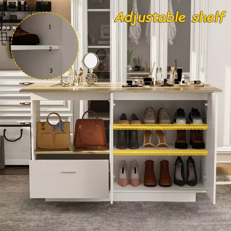 Meuble de coiffeuse moderne Famapy avec étagères réglables, Armoire à chaussures de coiffeuse avec abattant latéral pliable, Table de maquillage pour entrée et chambre à coucher