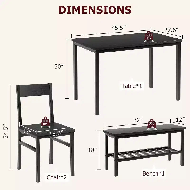 Ensemble table à manger pour 4, avec 1 banc et 2 chaises