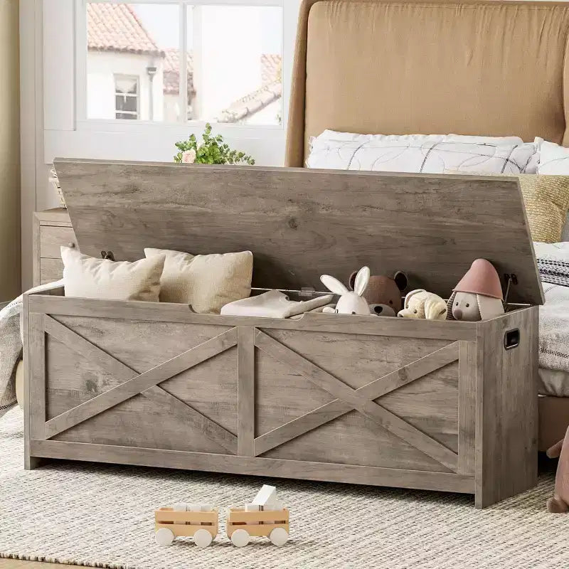 Banc de rangement Acekool 47 avec charnière de sécurité, grande malle à jouets en bois pour chambre ou entrée