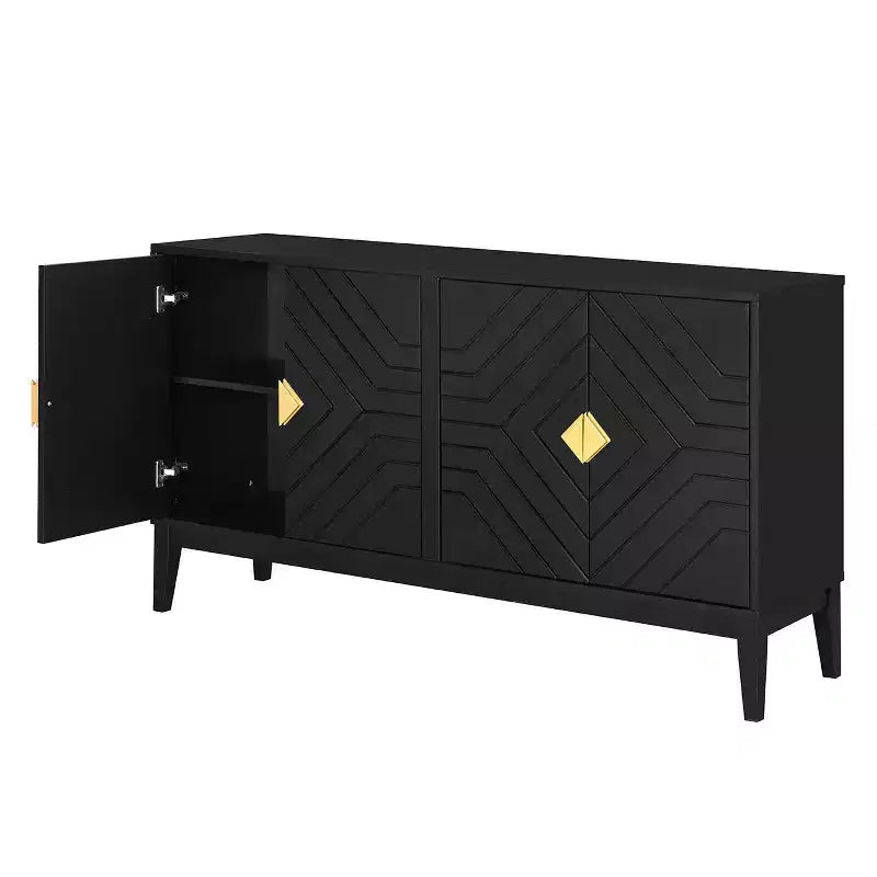 Okak Modern Sideboard Cabinet, Buffet Cabinet with 4 Curved Patten Doors, Storage Cabinet for Living Room, Dining Room, Kitchen, Black