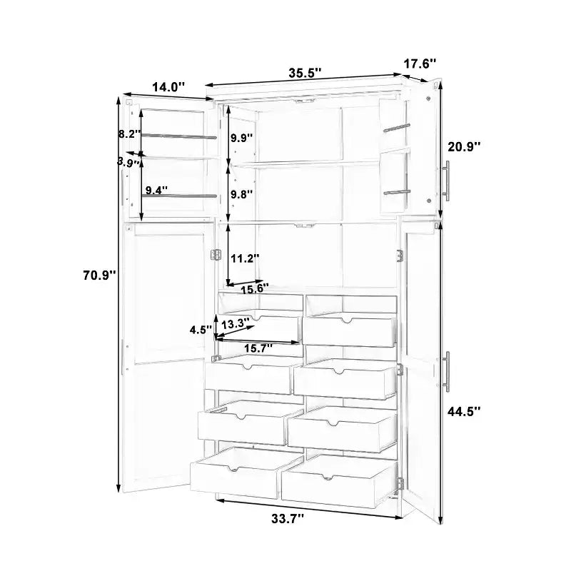 Whisen 35.5 Freestanding Kitchen Pantry Cabinet with 4 Doors and Pull-out Trays