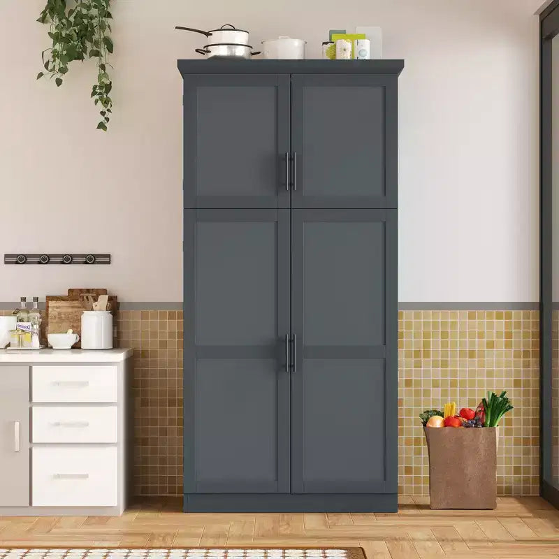 Whisen 35.5 Freestanding Kitchen Pantry Cabinet with 4 Doors and Pull-out Trays