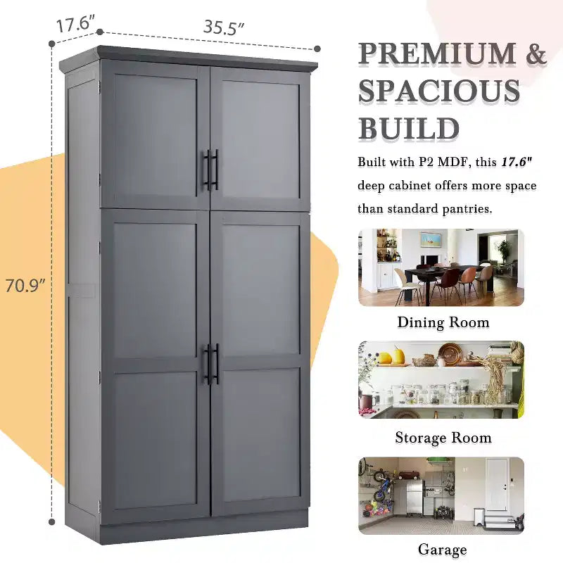 Whisen 35.5 Freestanding Kitchen Pantry Cabinet with 4 Doors and Pull-out Trays