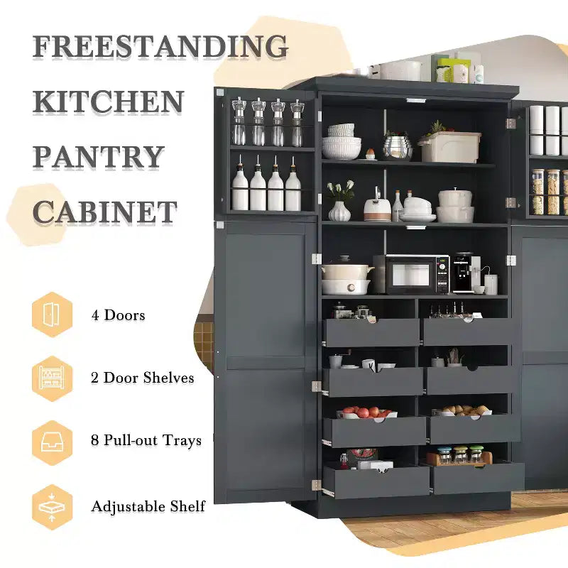 Whisen 35.5 Freestanding Kitchen Pantry Cabinet with 4 Doors and Pull-out Trays