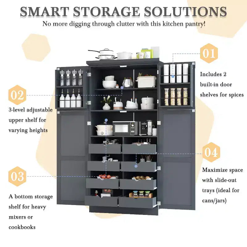 Whisen 35.5 Freestanding Kitchen Pantry Cabinet with 4 Doors and Pull-out Trays
