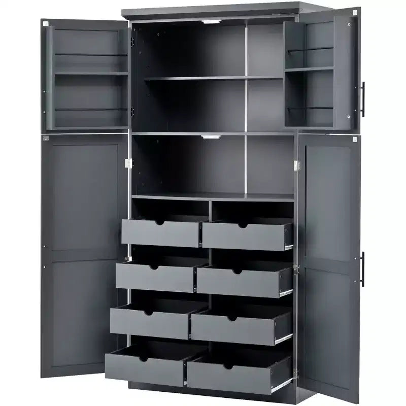 Whisen 35.5 Freestanding Kitchen Pantry Cabinet with 4 Doors and Pull-out Trays