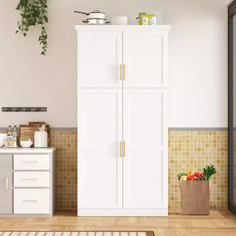 Whisen 35.5 Freestanding Kitchen Pantry Cabinet with 4 Doors and Pull-out Trays