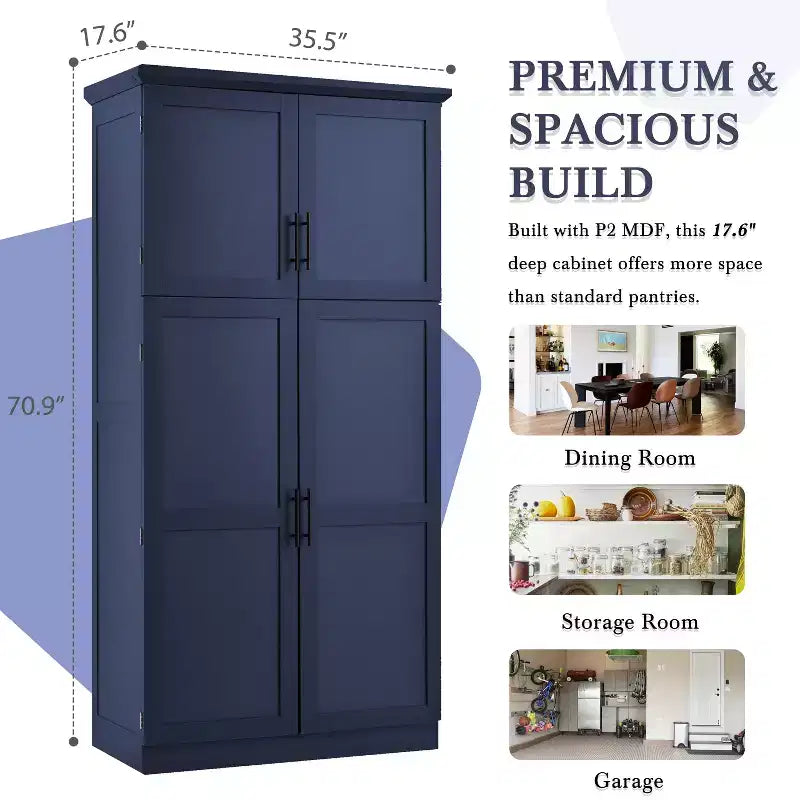 Whisen 35.5 Freestanding Kitchen Pantry Cabinet with 4 Doors and Pull-out Trays