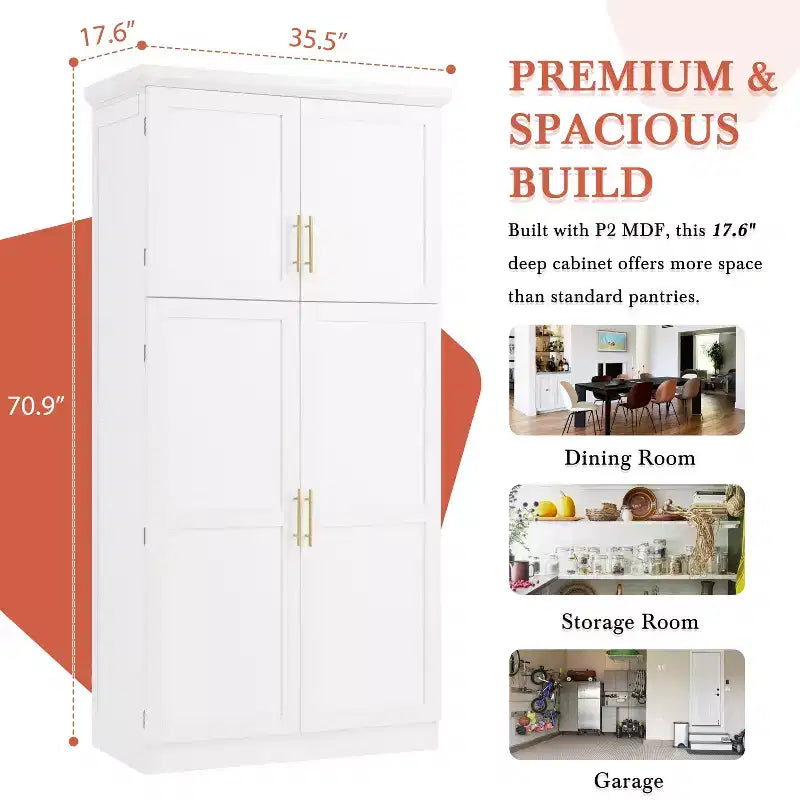 Whisen 35.5 Freestanding Kitchen Pantry Cabinet with 4 Doors and Pull-out Trays