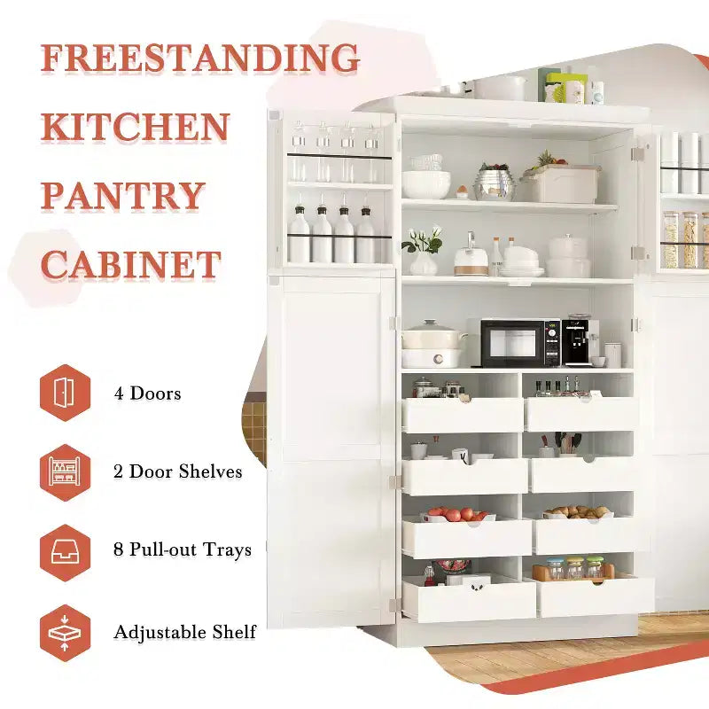 Whisen 35.5 Freestanding Kitchen Pantry Cabinet with 4 Doors and Pull-out Trays