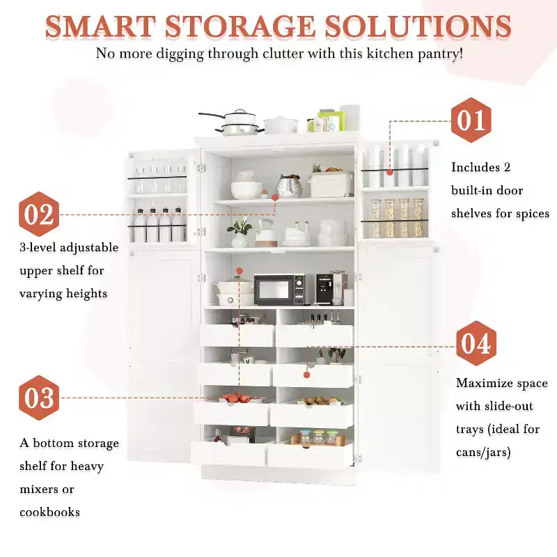 Whisen 35.5 Freestanding Kitchen Pantry Cabinet with 4 Doors and Pull-out Trays