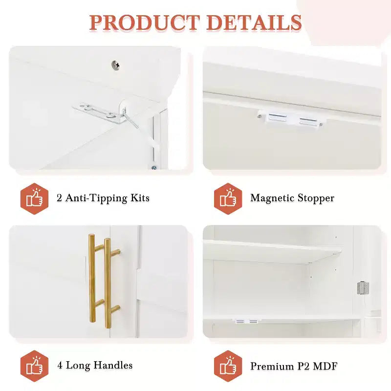 Whisen 35.5 Freestanding Kitchen Pantry Cabinet with 4 Doors and Pull-out Trays