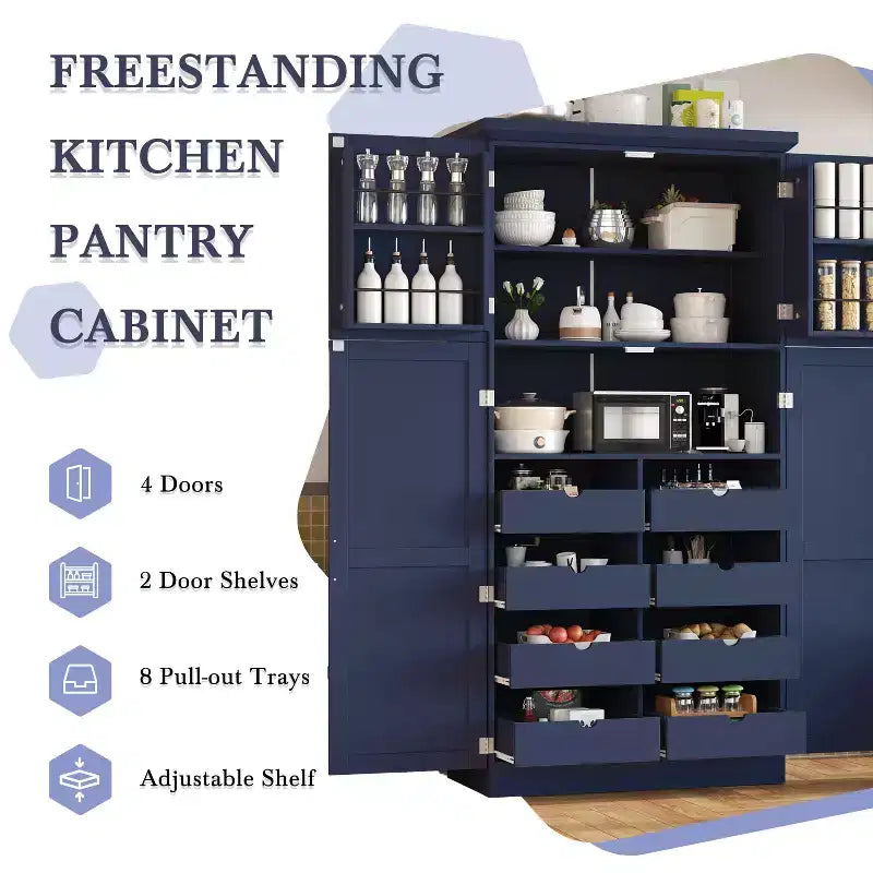 Whisen 35.5 Freestanding Kitchen Pantry Cabinet with 4 Doors and Pull-out Trays