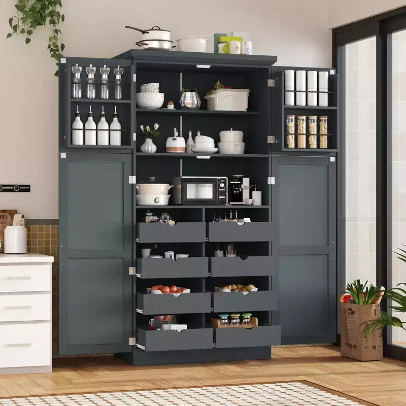 Whisen 35.5 Freestanding Kitchen Pantry Cabinet with 4 Doors and Pull-out Trays