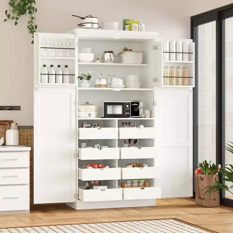 Whisen 35.5 Freestanding Kitchen Pantry Cabinet with 4 Doors and Pull-out Trays