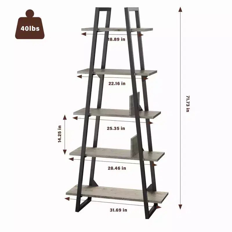 72 Metal Frame Bookshelf, 5-Tier Open Ladder Shelf with Adjustable Shelves, Industrial Bookcase for Home Living Room Bedroom Office Storage