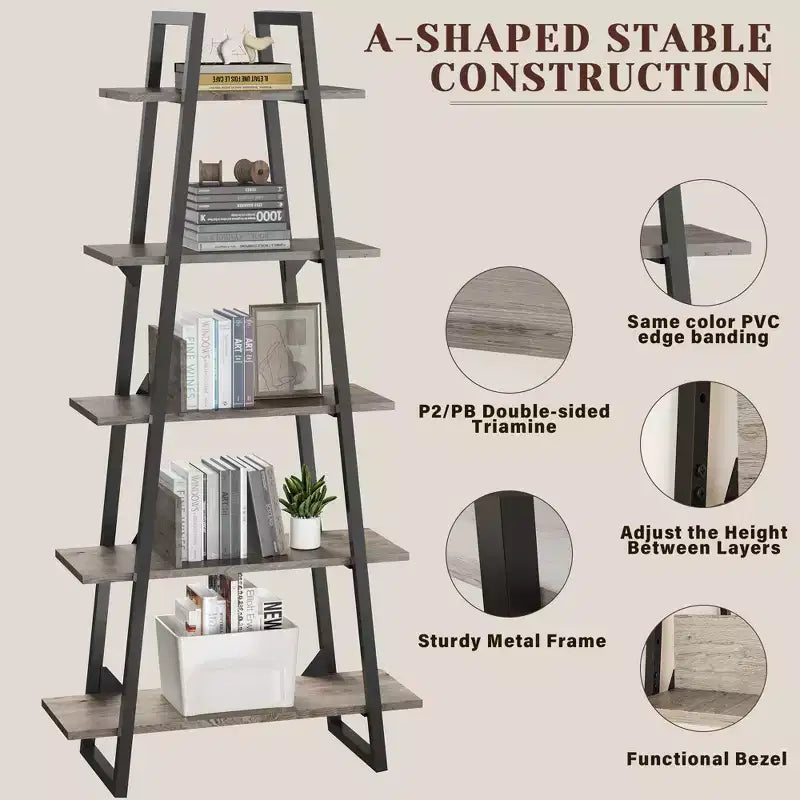 72 Metal Frame Bookshelf, 5-Tier Open Ladder Shelf with Adjustable Shelves, Industrial Bookcase for Home Living Room Bedroom Office Storage