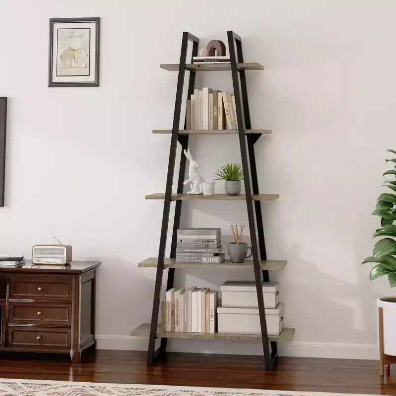 72 Metal Frame Bookshelf, 5-Tier Open Ladder Shelf with Adjustable Shelves, Industrial Bookcase for Home Living Room Bedroom Office Storage