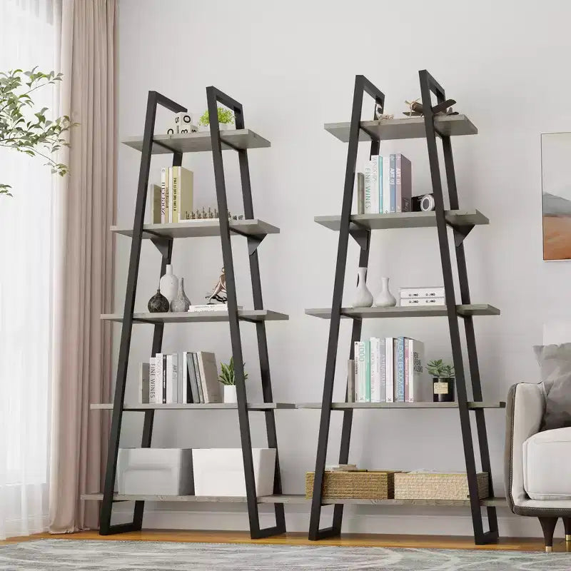 72 Metal Frame Bookshelf, 5-Tier Open Ladder Shelf with Adjustable Shelves, Industrial Bookcase for Home Living Room Bedroom Office Storage