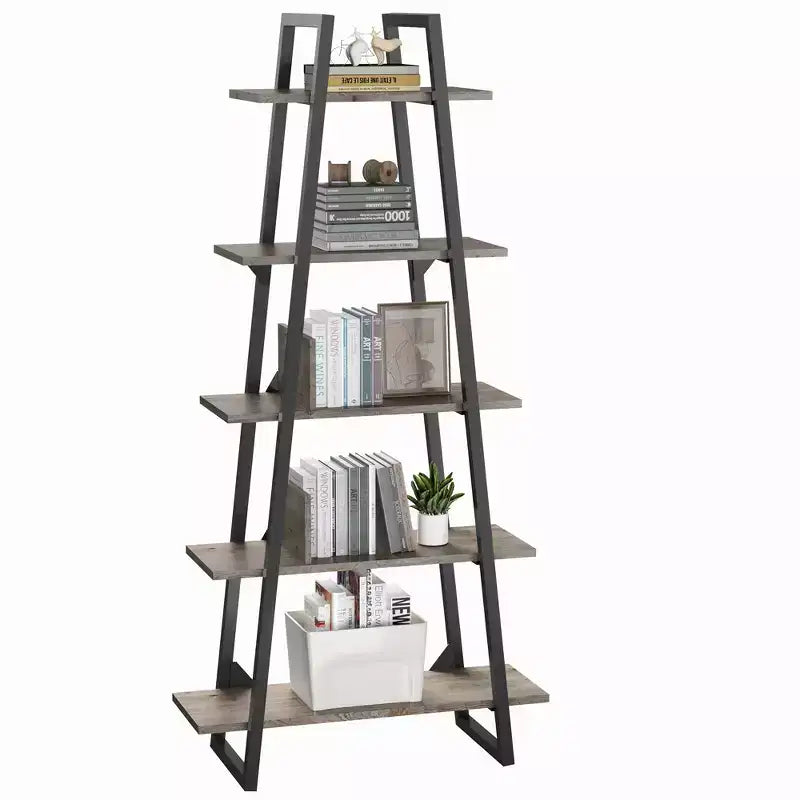 72 Metal Frame Bookshelf, 5-Tier Open Ladder Shelf with Adjustable Shelves, Industrial Bookcase for Home Living Room Bedroom Office Storage