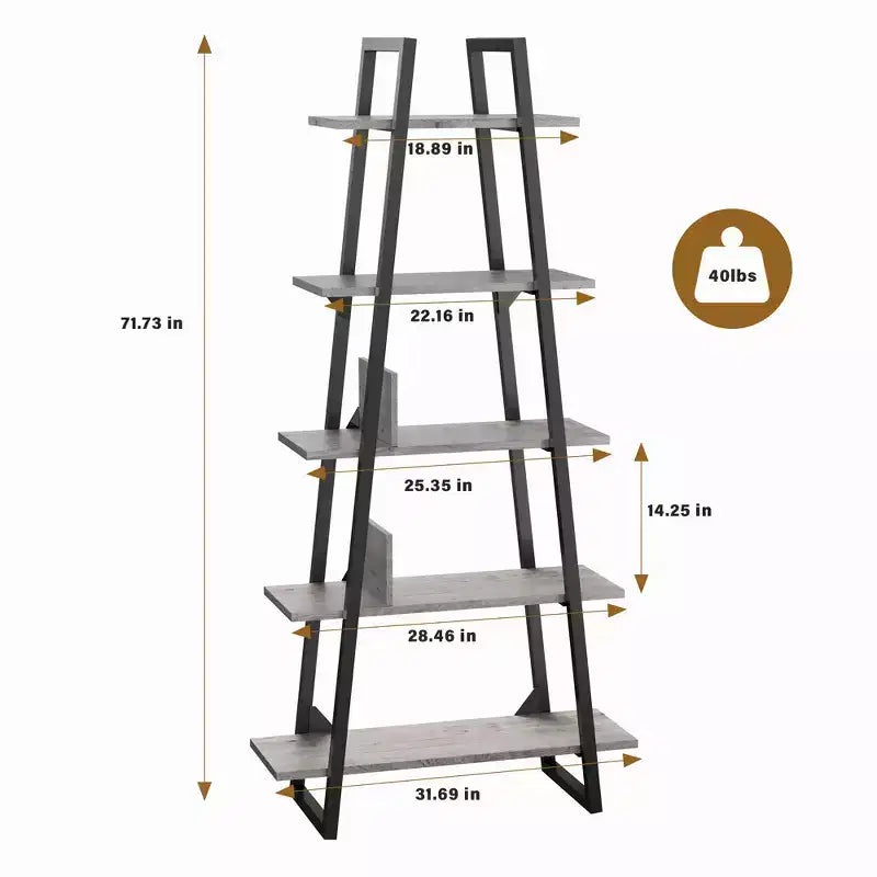 72 Metal Frame Bookshelf, 5-Tier Open Ladder Shelf with Adjustable Shelves, Industrial Bookcase for Home Living Room Bedroom Office Storage