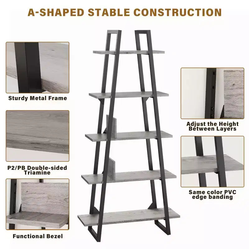 72 Metal Frame Bookshelf, 5-Tier Open Ladder Shelf with Adjustable Shelves, Industrial Bookcase for Home Living Room Bedroom Office Storage