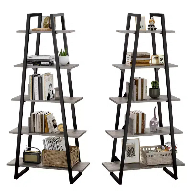 72 Metal Frame Bookshelf, 5-Tier Open Ladder Shelf with Adjustable Shelves, Industrial Bookcase for Home Living Room Bedroom Office Storage