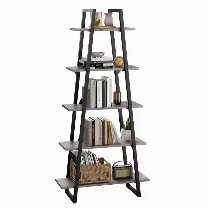 72 Metal Frame Bookshelf, 5-Tier Open Ladder Shelf with Adjustable Shelves, Industrial Bookcase for Home Living Room Bedroom Office Storage