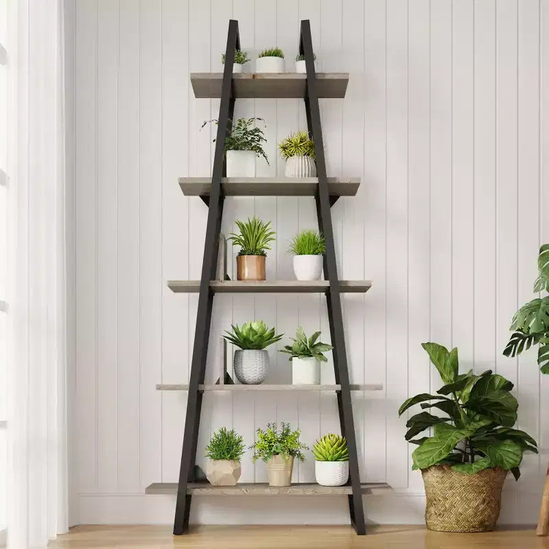 72 Metal Frame Bookshelf, 5-Tier Open Ladder Shelf with Adjustable Shelves, Industrial Bookcase for Home Living Room Bedroom Office Storage