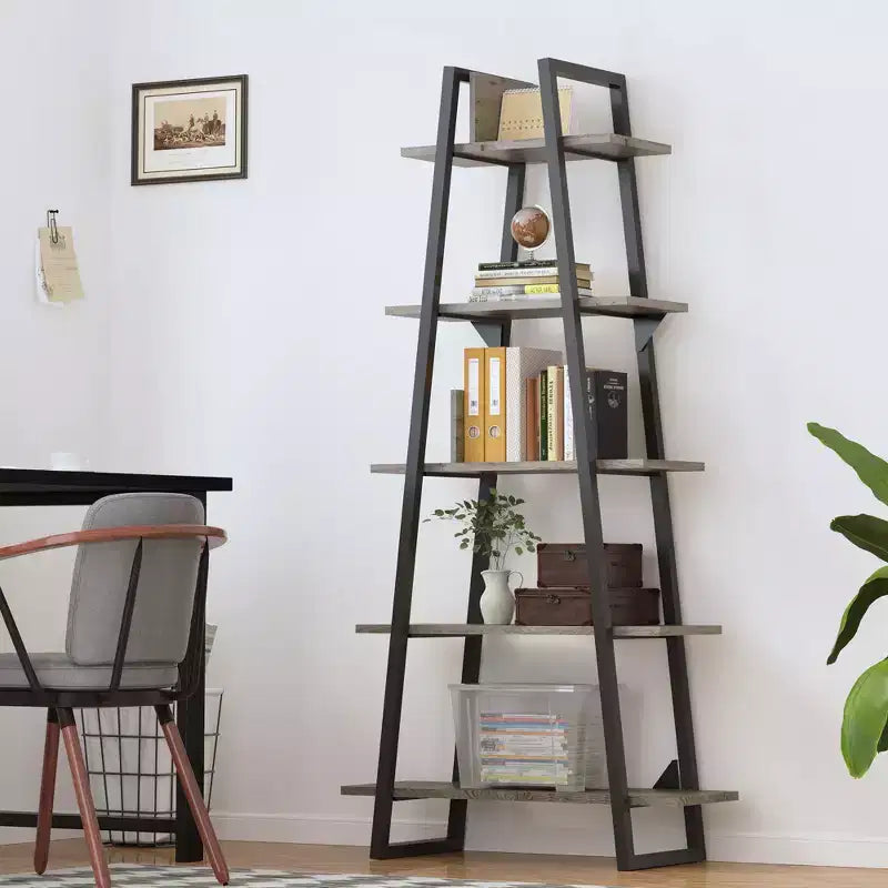72 Metal Frame Bookshelf, 5-Tier Open Ladder Shelf with Adjustable Shelves, Industrial Bookcase for Home Living Room Bedroom Office Storage