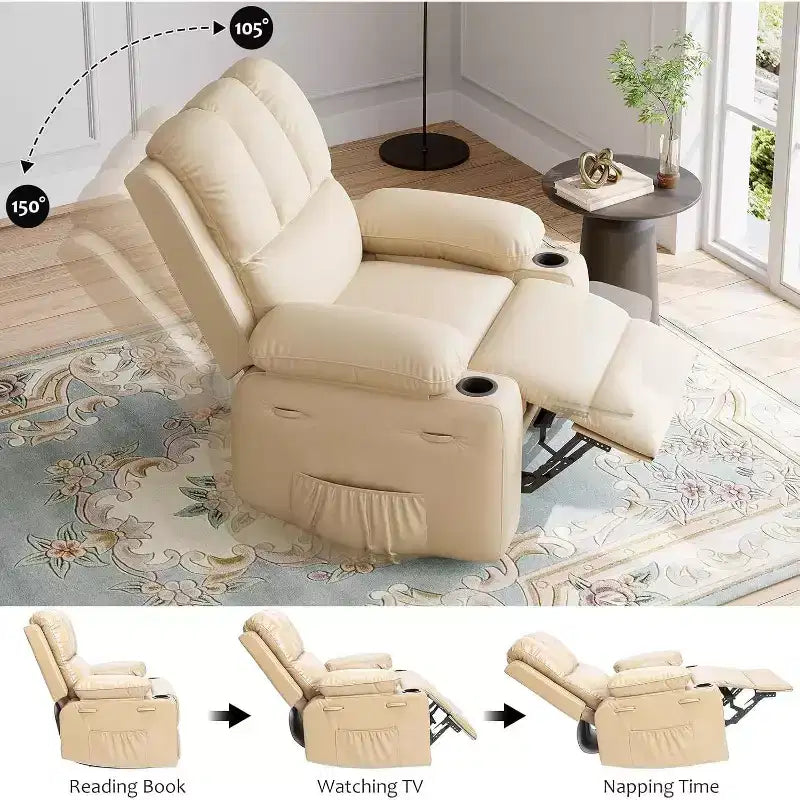 Oversized Manual Recliner - 21.2 Wide PU Leather Chair w/ Cup Holders & Thick Padding for Living Room