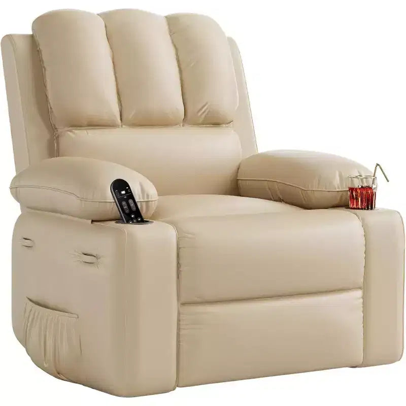Oversized Manual Recliner - 21.2 Wide PU Leather Chair w/ Cup Holders & Thick Padding for Living Room