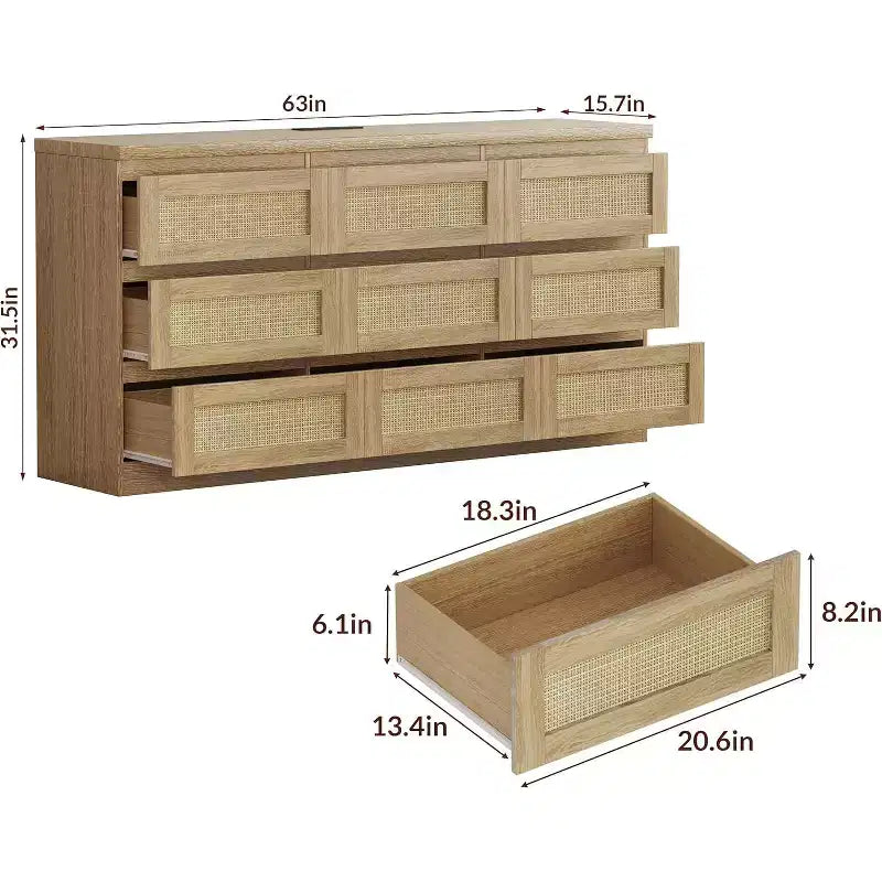 9 Drawer Dresser for Bedroom,63 Inch Long Dressers & Rattan Chest of Drawers,Boho Style,Modern Dresser for,Living Room,Entryway,Bedroom